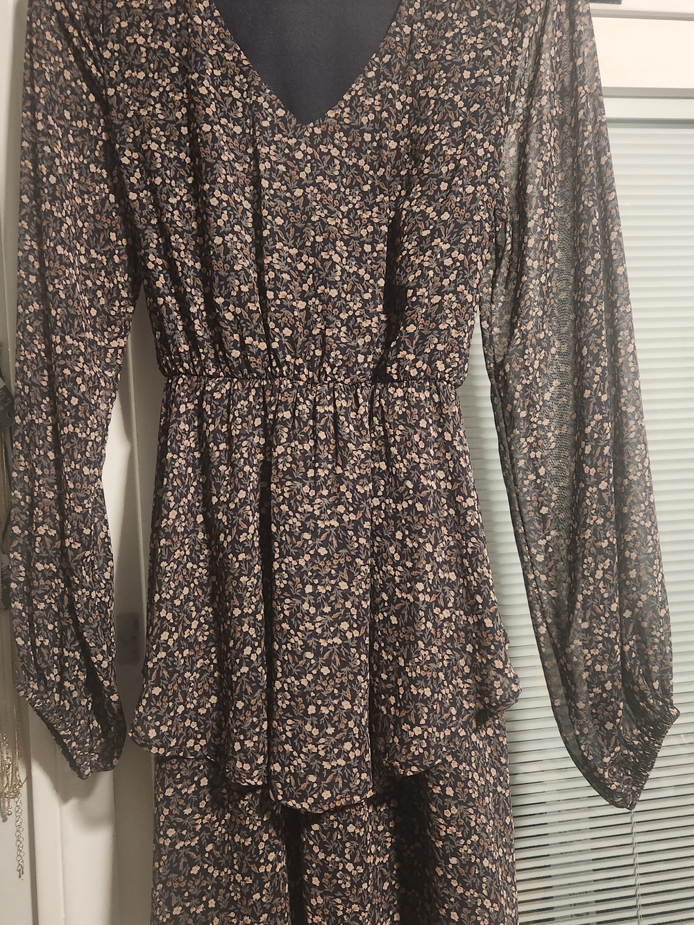 V-Neck Floral Tiered Maxi Dress in Black and Tan